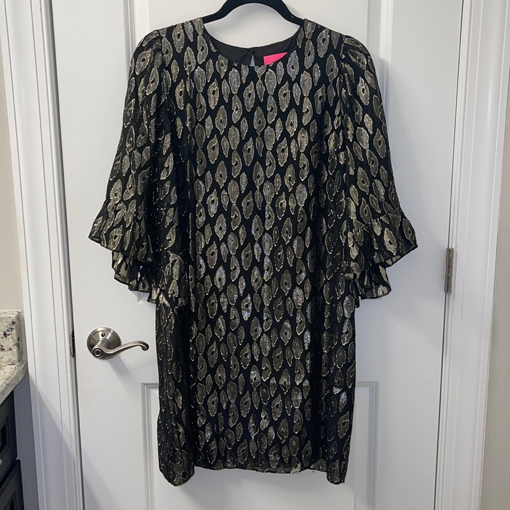 Lilly Pulitzer leopard metallic clip dot black & gold dress with sleeve detail